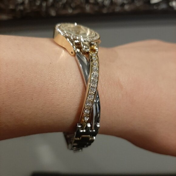 Quartz Wrist Watch Silver Gold Plated Crossover Link Rhinestone Stainless Steel - Picture 3 of 12